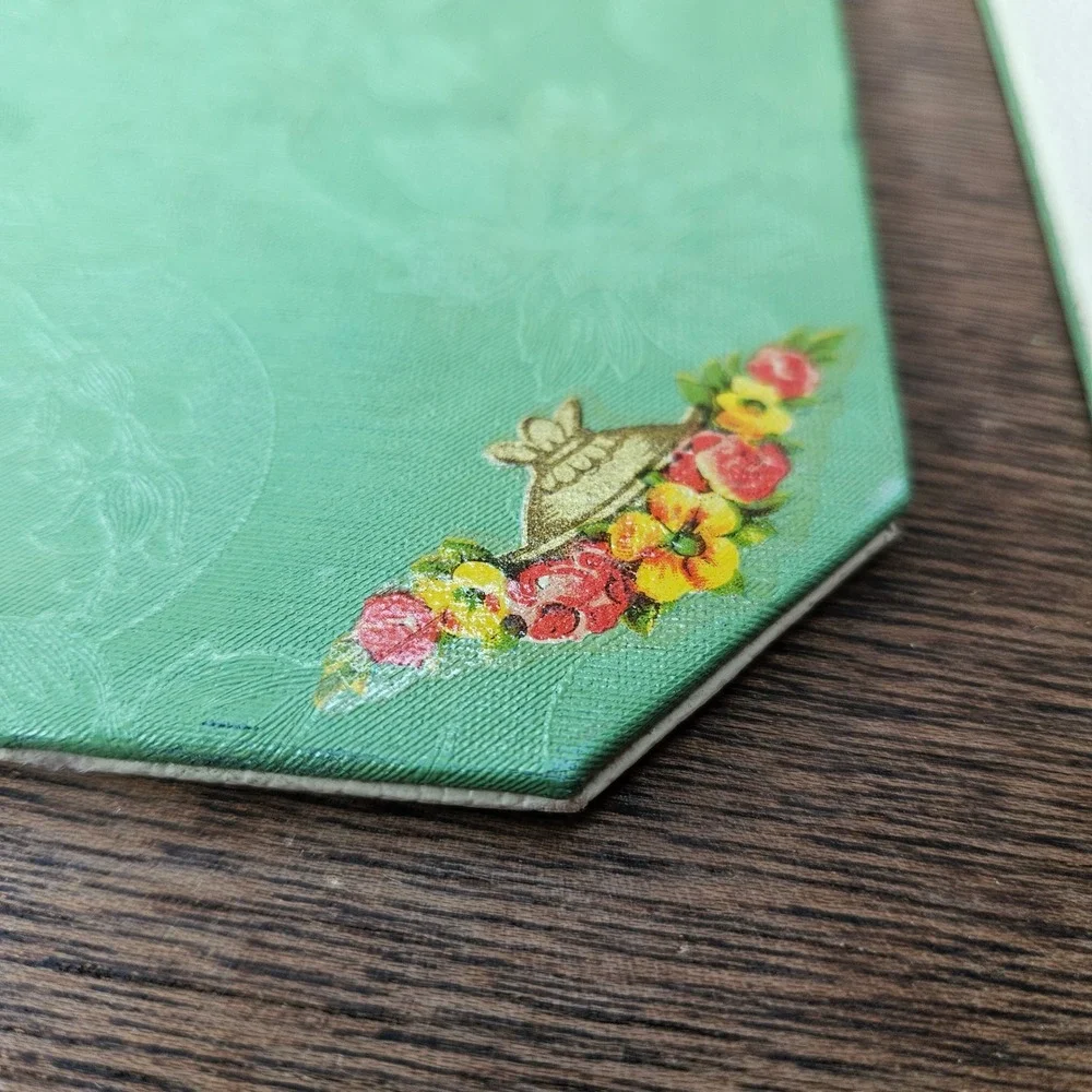 Vtg Green Floral Damask Octagon Placemats Trivets‎ Set of 3 Faux Leather Vinyl